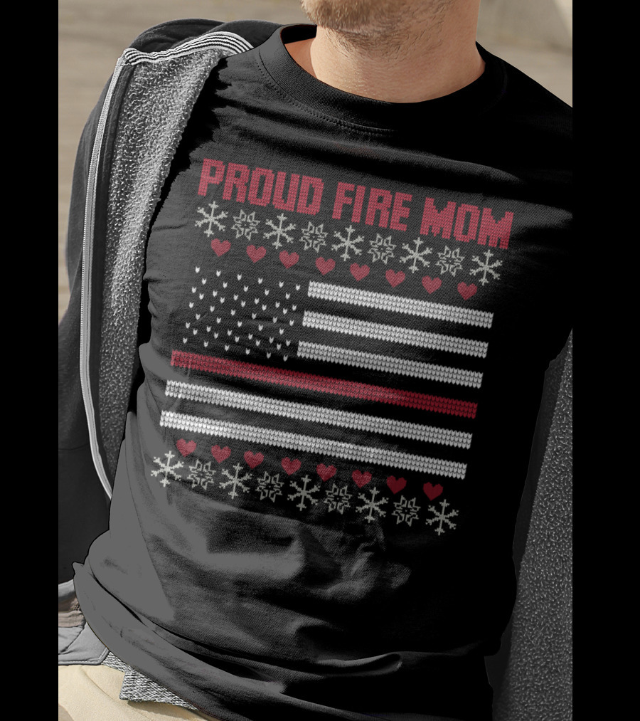 Proud Fire Mom Thin Red Line American Flag Snowflakes Hearts T-Shirt