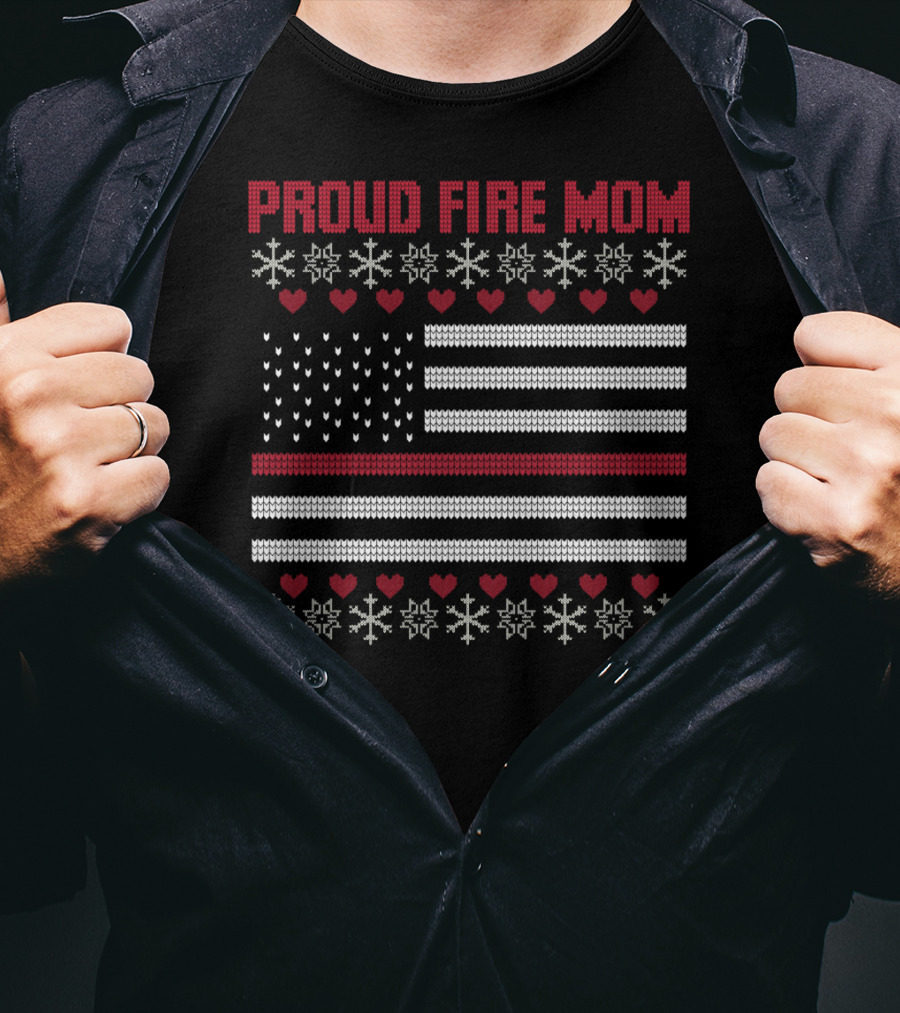 Proud Fire Mom Thin Red Line American Flag Snowflakes Hearts T-Shirt