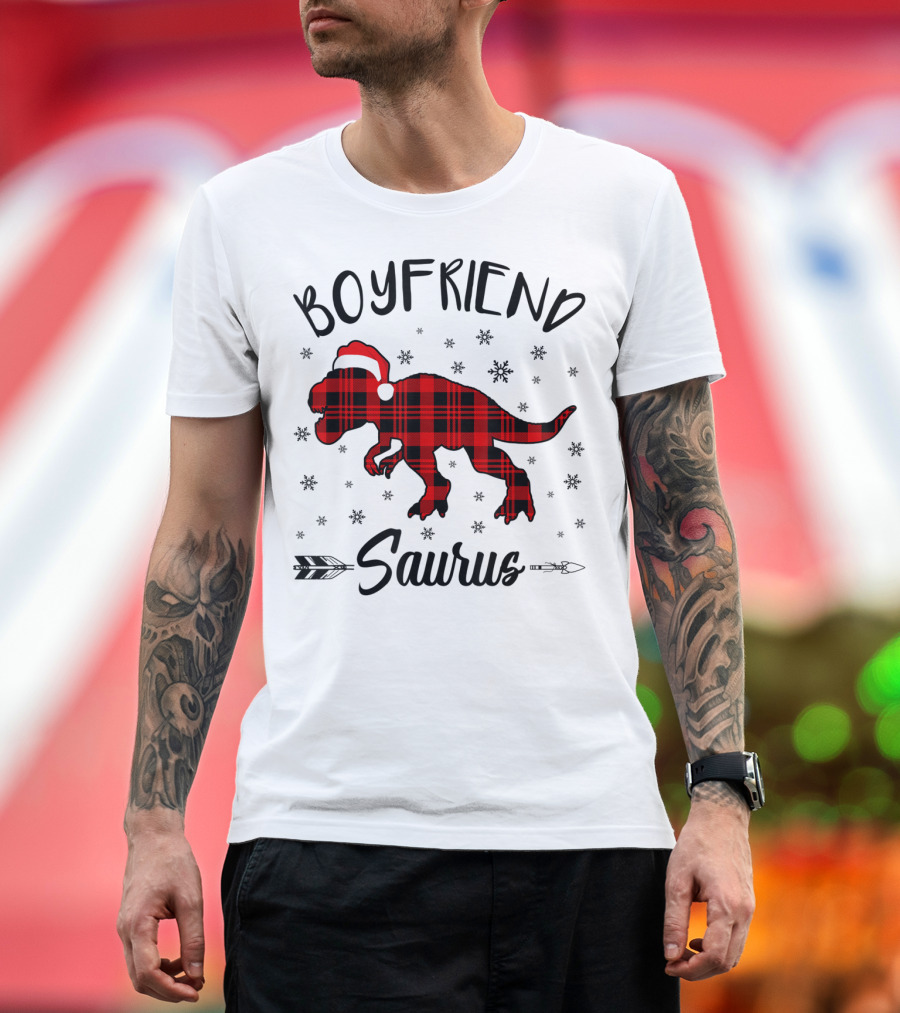 Boyfriend Saurus Red Plaid Dinosaur Christmas Hat T-Shirt