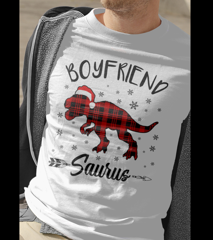 Boyfriend Saurus Red Plaid Dinosaur Christmas Hat T-Shirt