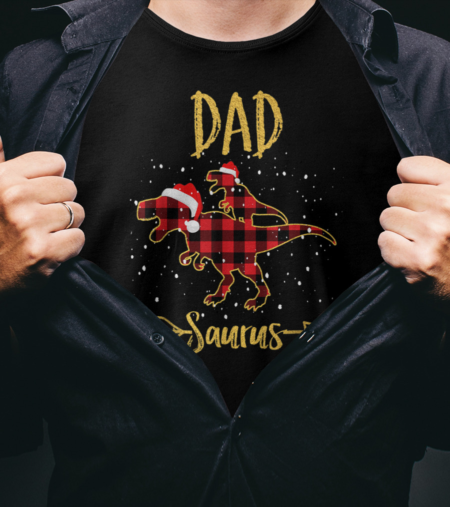 Dad Saurus Red Plaid Dinosaur With Santa Hat T-Shirt