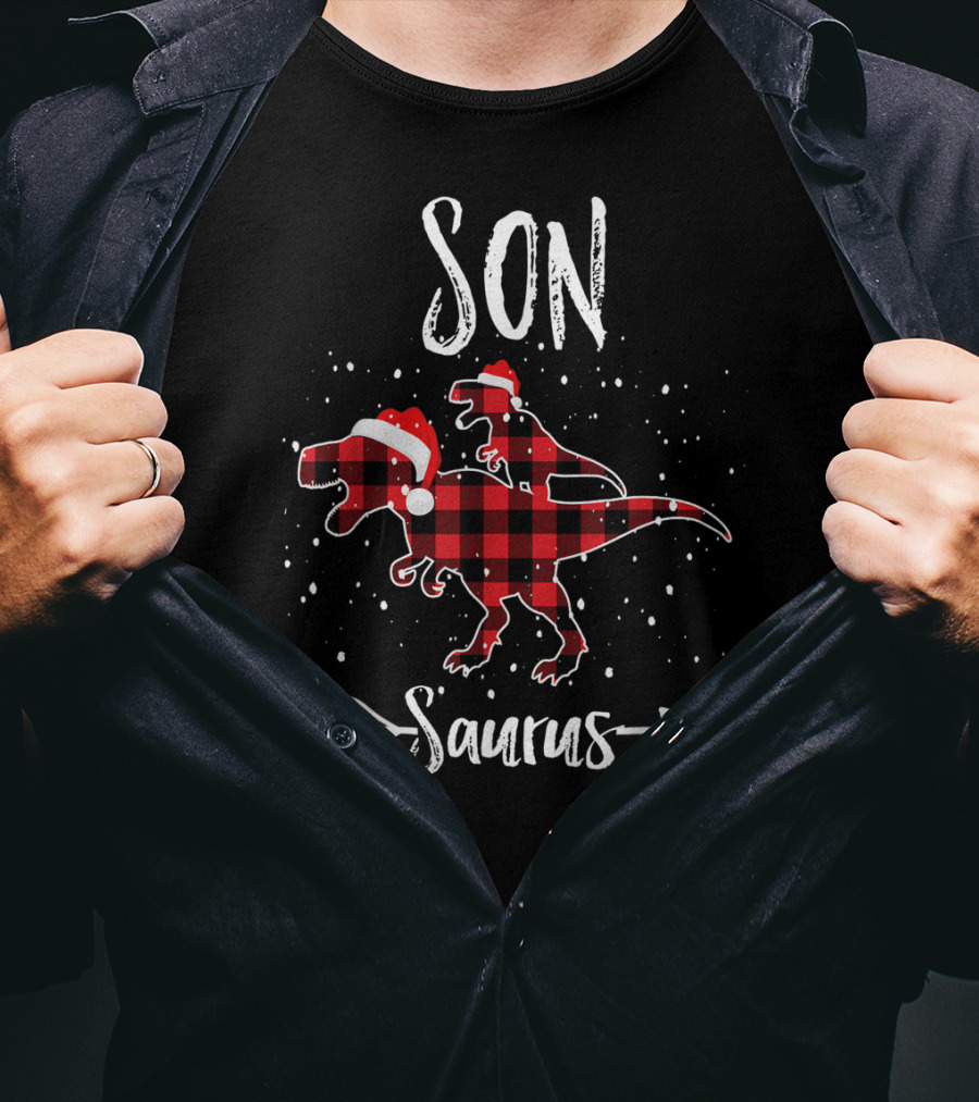 Son Saurus Red Plaid Santa Dinosaur T-Shirt