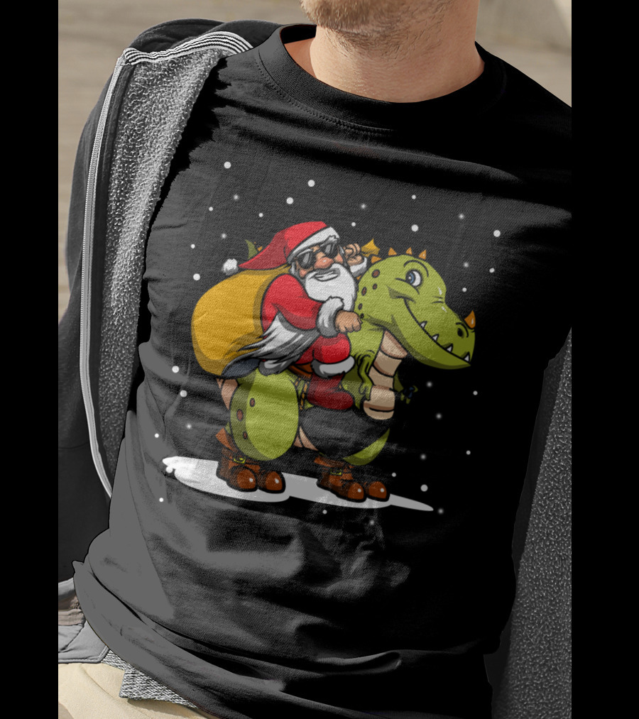 Santa Riding Dinosaur Christmas Trex Snowy Night Scene T-Shirt