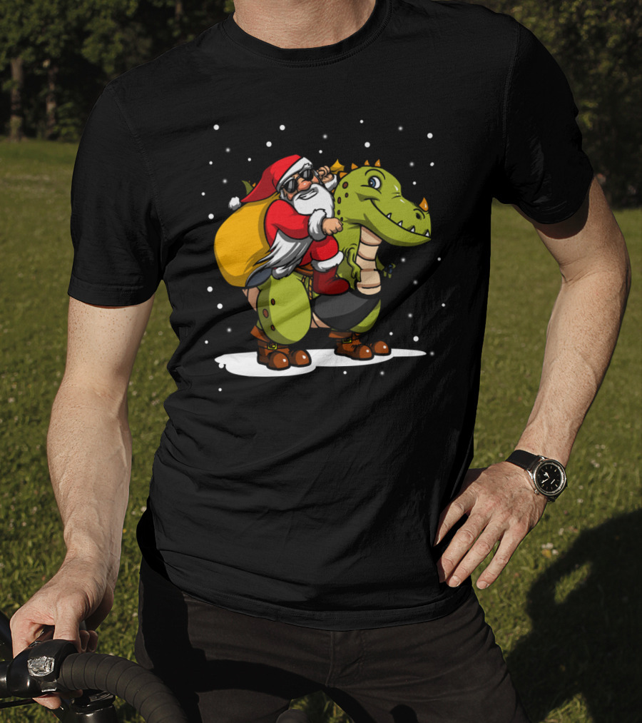 Santa Riding Dinosaur Christmas Trex Snowy Night Scene T-Shirt