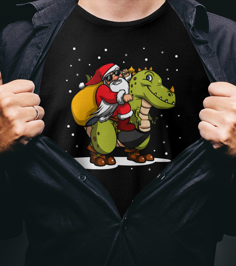Santa Riding Dinosaur Christmas Trex Snowy Night Scene T-Shirt