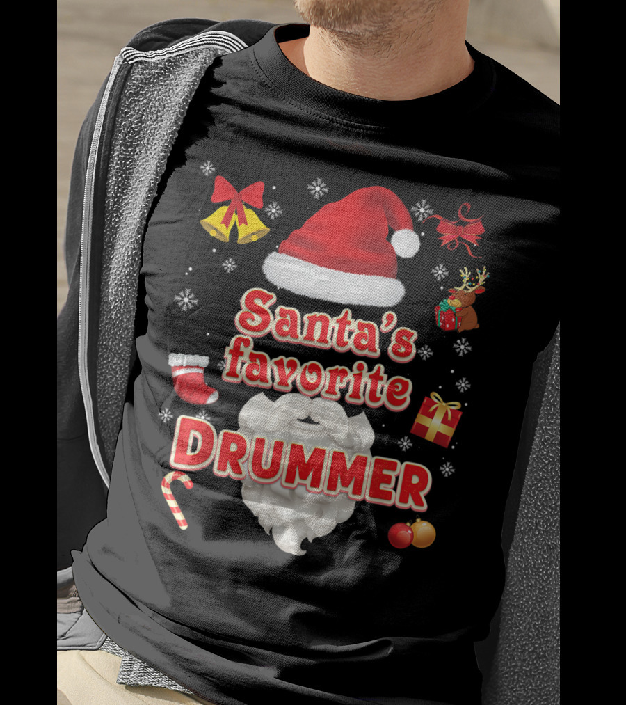 Santa's Favorite Drummer Christmas Santa Hat Reindeer Gift Bells Snowflakes Candy Cane Ornaments T-Shirt