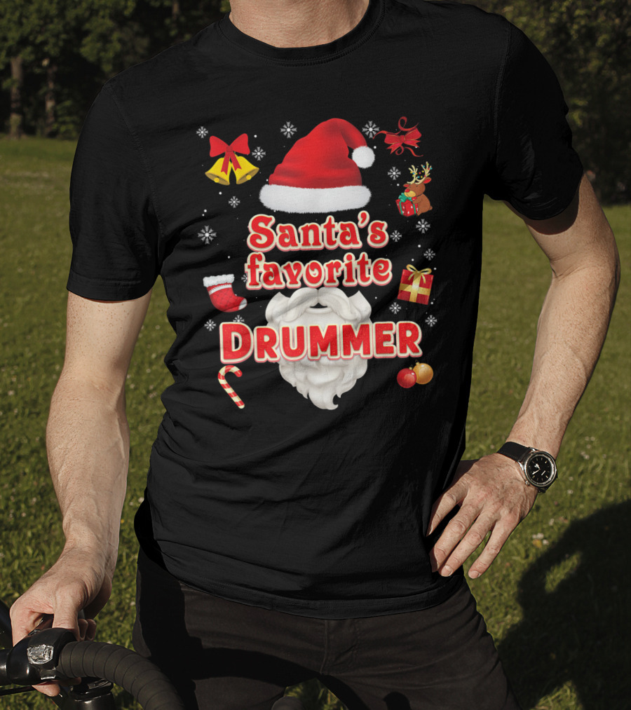 Santa's Favorite Drummer Christmas Santa Hat Reindeer Gift Bells Snowflakes Candy Cane Ornaments T-Shirt