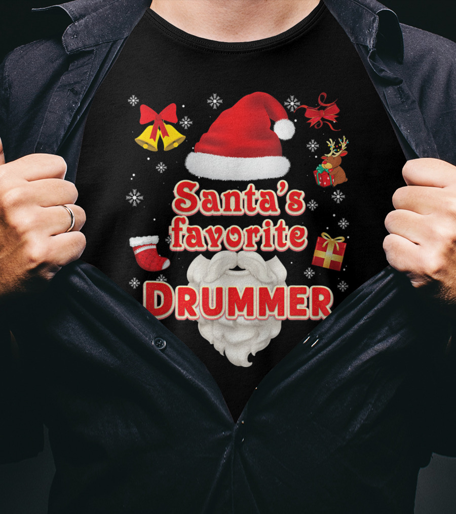 Santa's Favorite Drummer Christmas Santa Hat Reindeer Gift Bells Snowflakes Candy Cane Ornaments T-Shirt