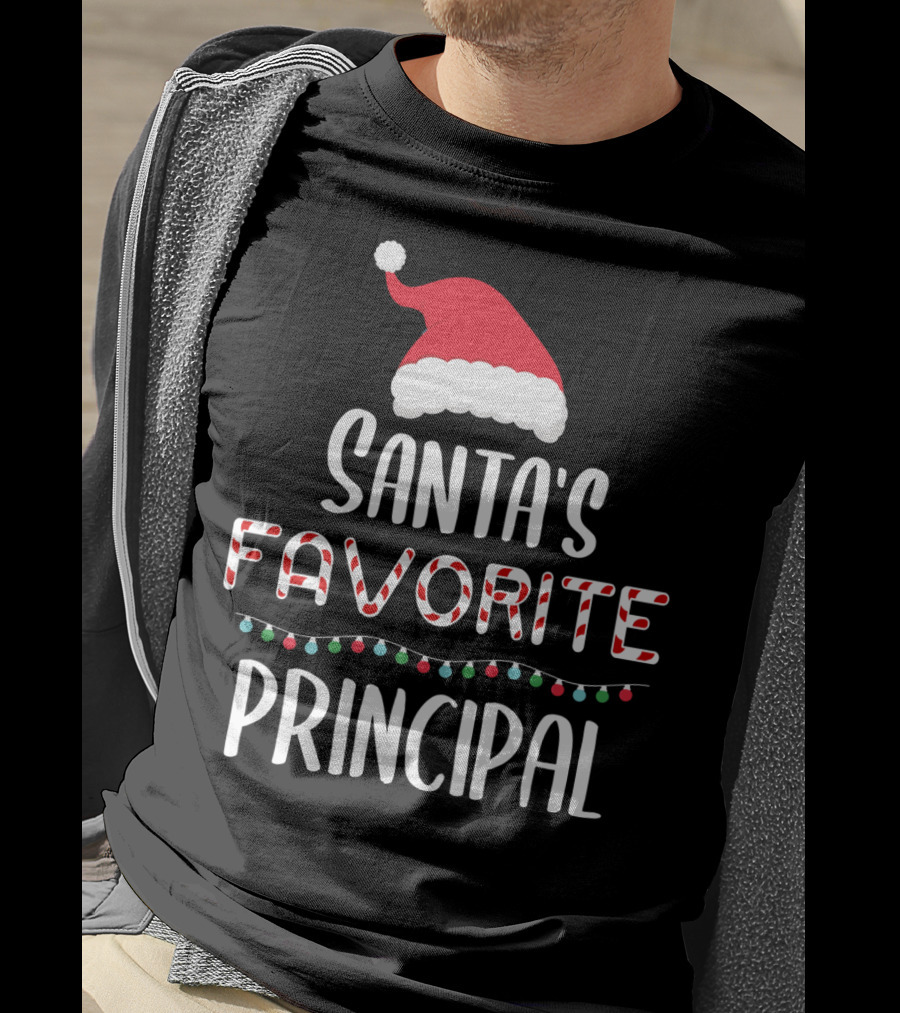 Santa's Favorite Principal Christmas Hat And Lights T-Shirt