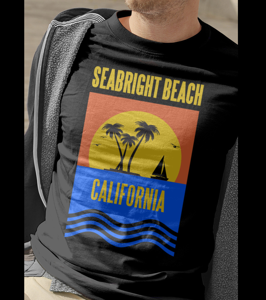 Seabright Beach California Sunset Palm Trees Sailboat Vacation T-Shirt