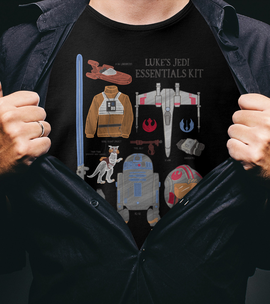 Star Wars Luke's Jedi Essentials Kit Landspeeder Rebel Flight Jacket X-Wing Starfighter Lightsaber Tauntaun Rebel Helmet R2-D2 T-Shirt