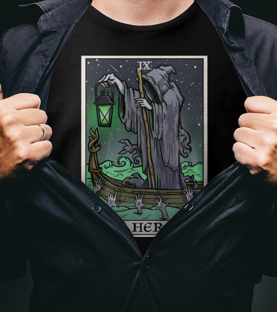 The Hermit Tarot Card IX Gothic Halloween Grim Lantern Boat T-Shirt