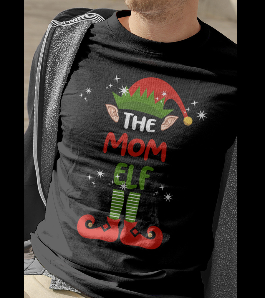 The Mom Elf Funny Christmas Elf Hat Ears Striped Socks Red Shoes T-Shirt