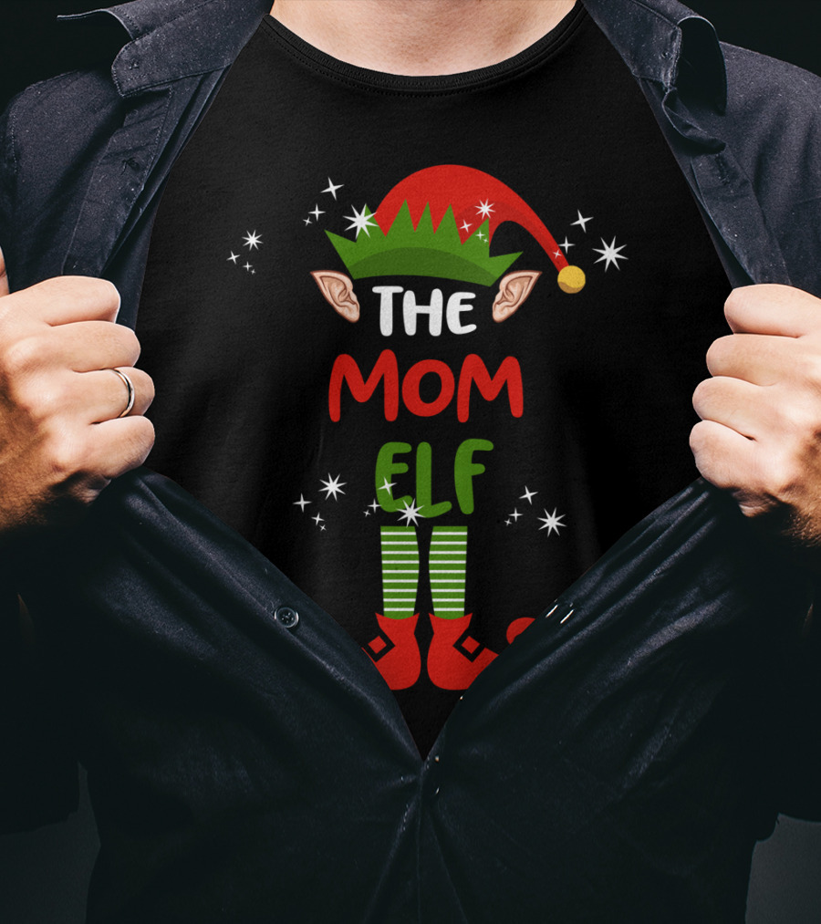 The Mom Elf Funny Christmas Elf Hat Ears Striped Socks Red Shoes T-Shirt