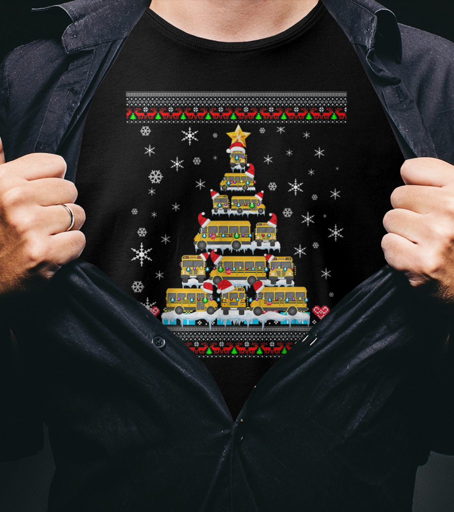 Ugly Christmas Tree Built From School Buses With Snowflakes And Holiday Decorations For Bus Driver Lovers T-Shirt