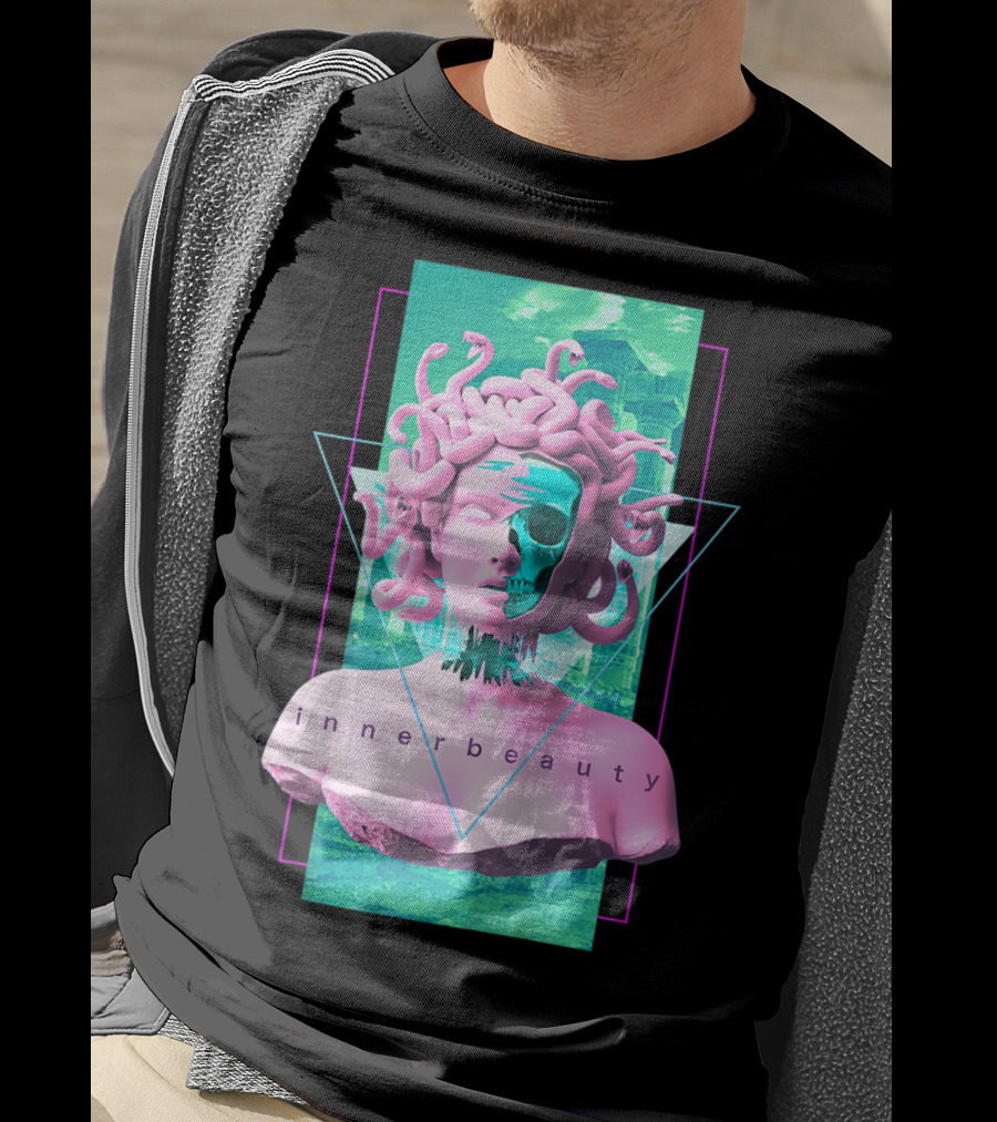 Vaporwave Inner Beauty Medusa Statue With Skull Aesthetic T-Shirt
