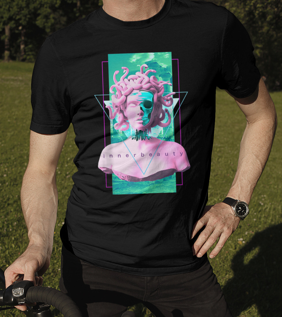 Vaporwave Inner Beauty Medusa Statue With Skull Aesthetic T-Shirt