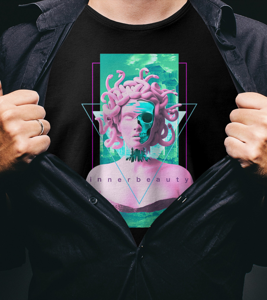 Vaporwave Inner Beauty Medusa Statue With Skull Aesthetic T-Shirt