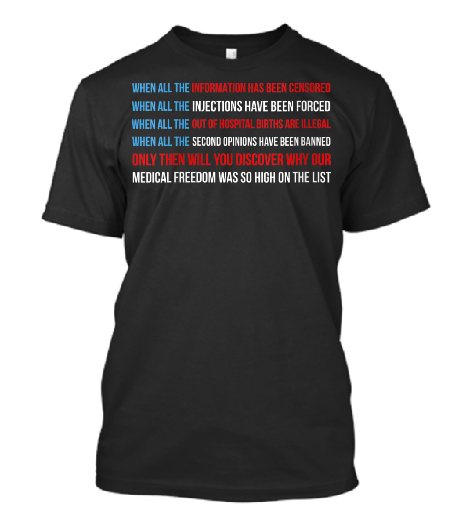 American Flag Medical Freedom Information Censored Injections Forced Out Of Hospital Births Illegal Second Opinions Banned T-Shirt