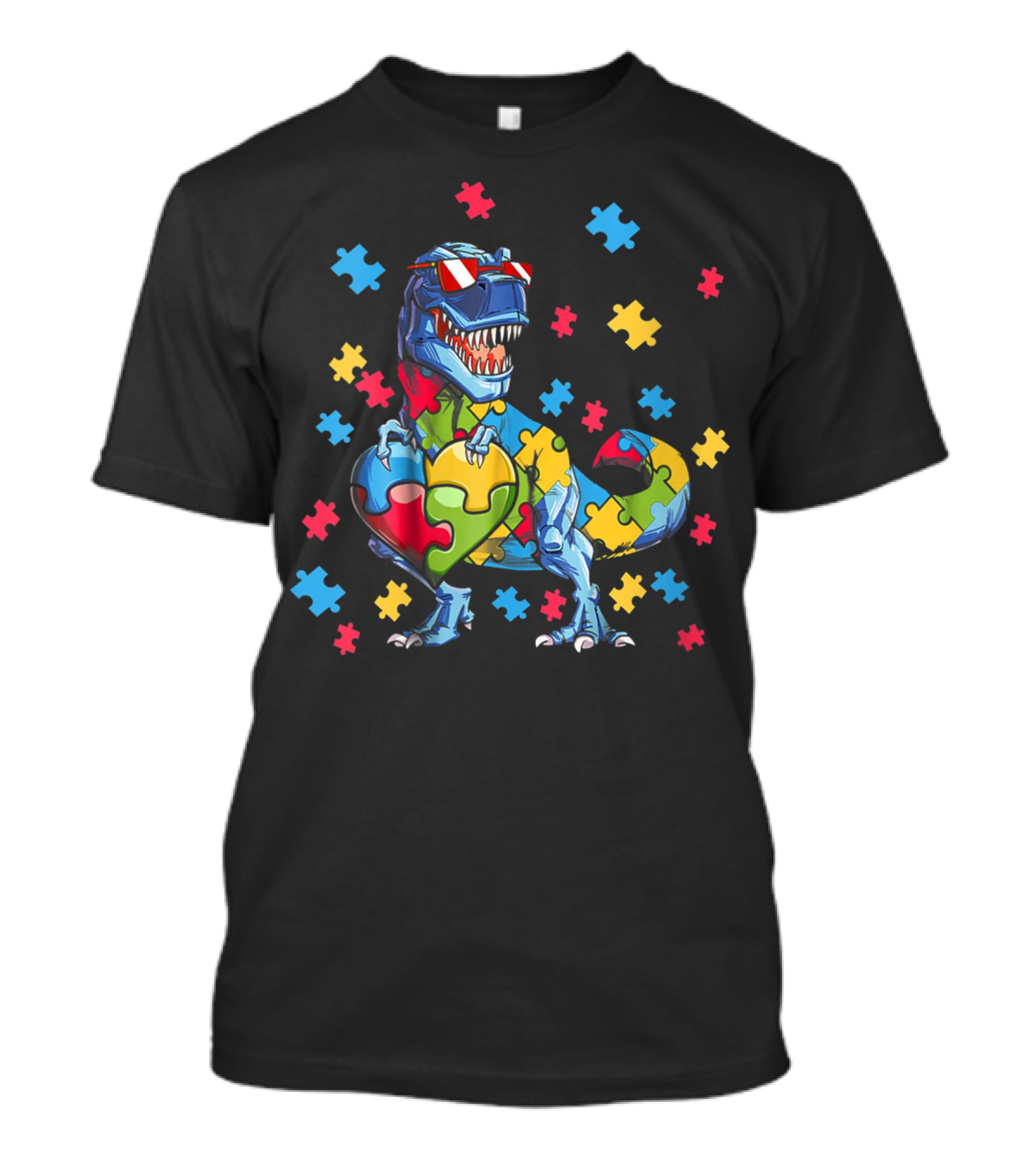Dinosaur T-Rex Holding Puzzle Heart Autism Awareness T-Shirt
