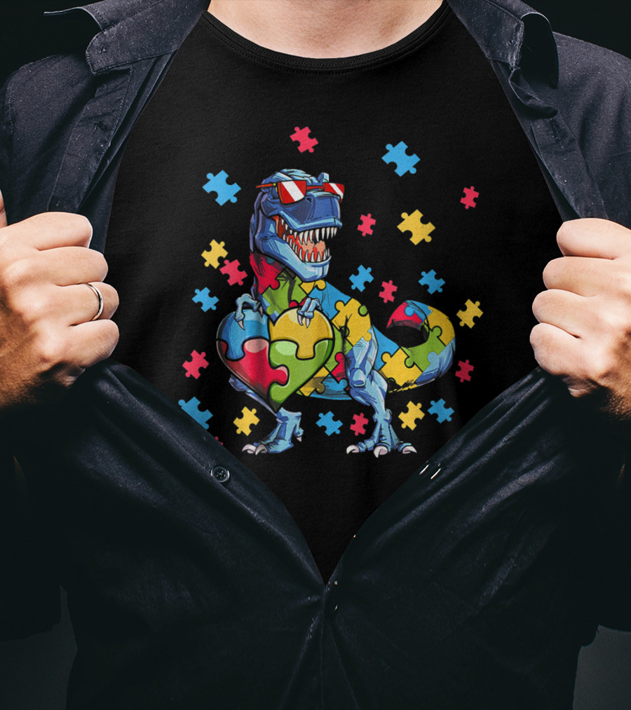 Dinosaur T-Rex Holding Puzzle Heart Autism Awareness T-Shirt