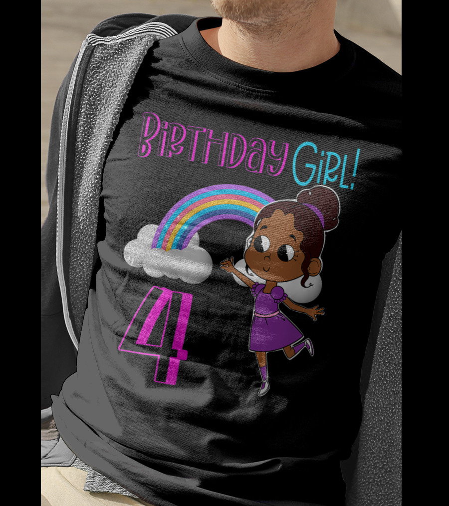 Birthday Girl 4 African American Rainbow And Girl In Purple Dress T-Shirt