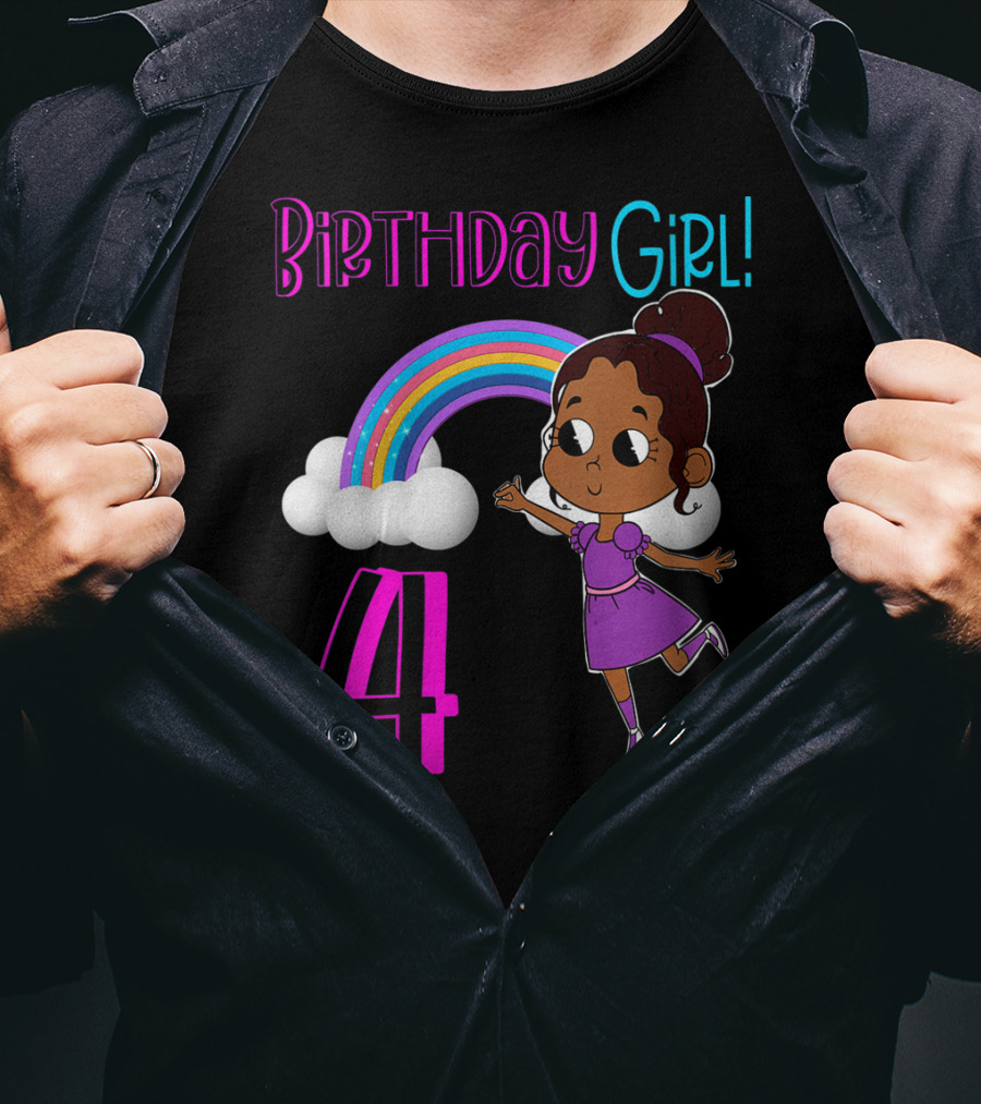 Birthday Girl 4 African American Rainbow And Girl In Purple Dress T-Shirt