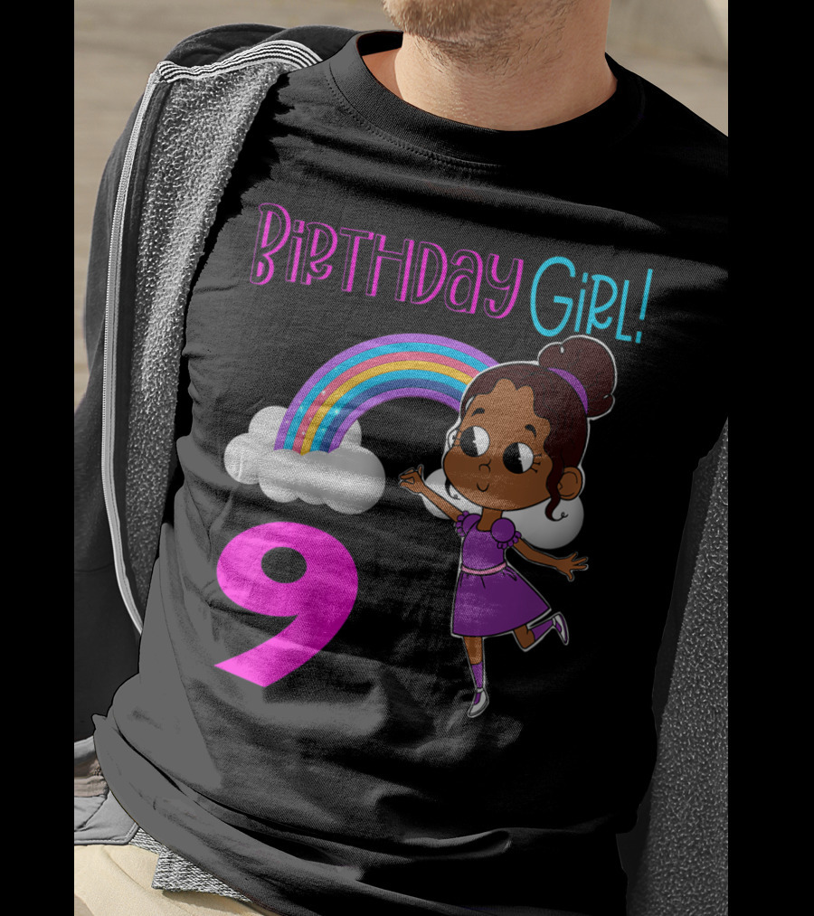 Birthday Girl 9 African American Rainbow Purple Dress T-Shirt