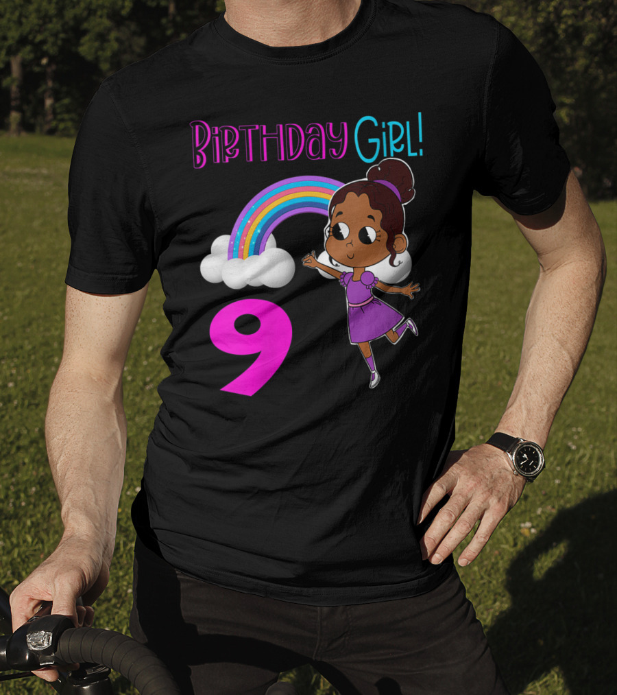 Birthday Girl 9 African American Rainbow Purple Dress T-Shirt