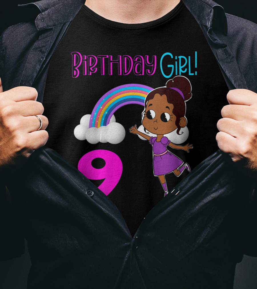 Birthday Girl 9 African American Rainbow Purple Dress T-Shirt