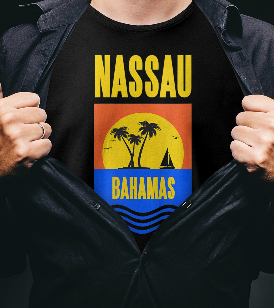 Nassau Bahamas Sunset Palm Trees And Sailboat Ocean Waves T-Shirt