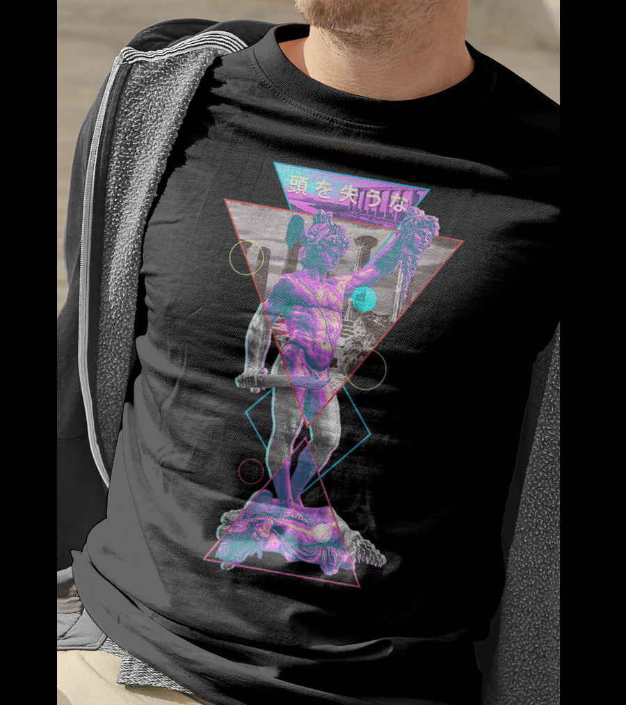 Perseus And Medusa Vaporwave Aesthetic With Japanese Text And Geometric Shapes T-Shirt