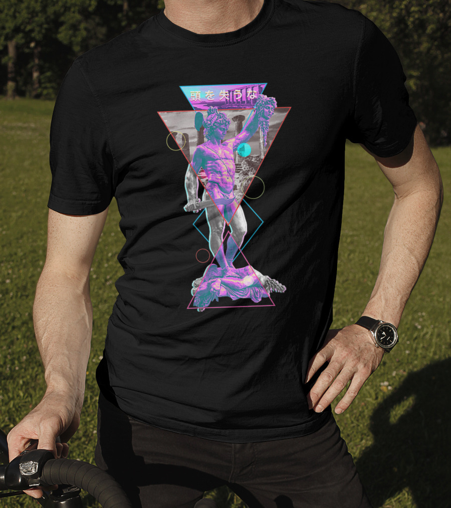 Perseus And Medusa Vaporwave Aesthetic With Japanese Text And Geometric Shapes T-Shirt