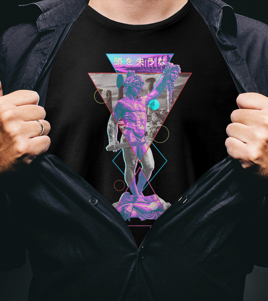 Perseus And Medusa Vaporwave Aesthetic With Japanese Text And Geometric Shapes T-Shirt