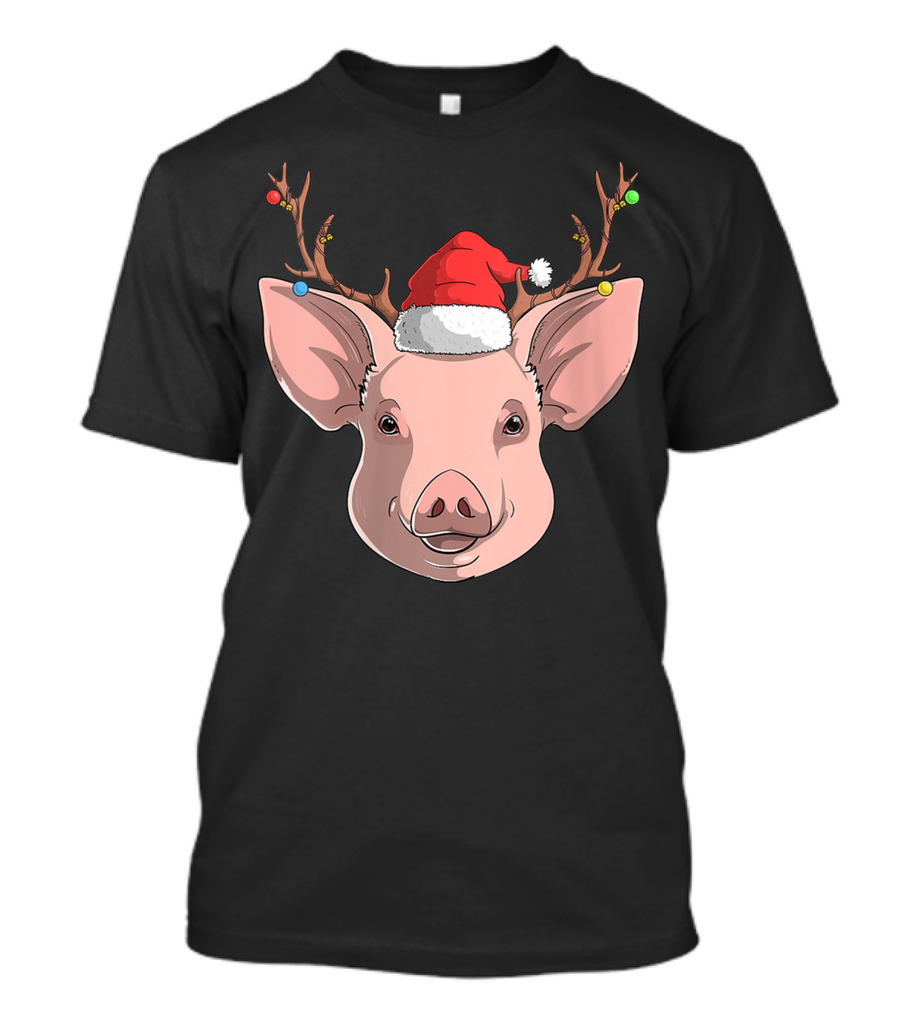 Pig With Santa Hat And Reindeer Antlers T-Shirt