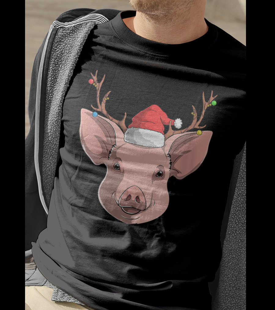 Pig With Santa Hat And Reindeer Antlers T-Shirt