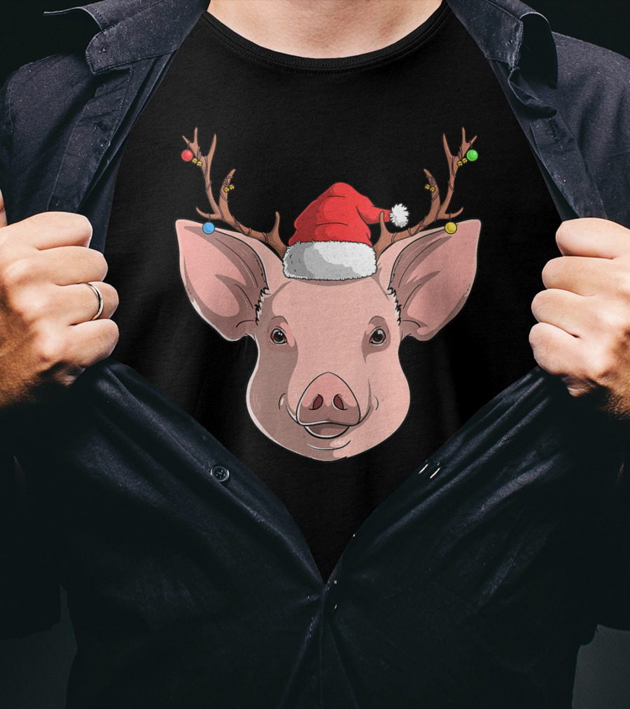 Pig With Santa Hat And Reindeer Antlers T-Shirt