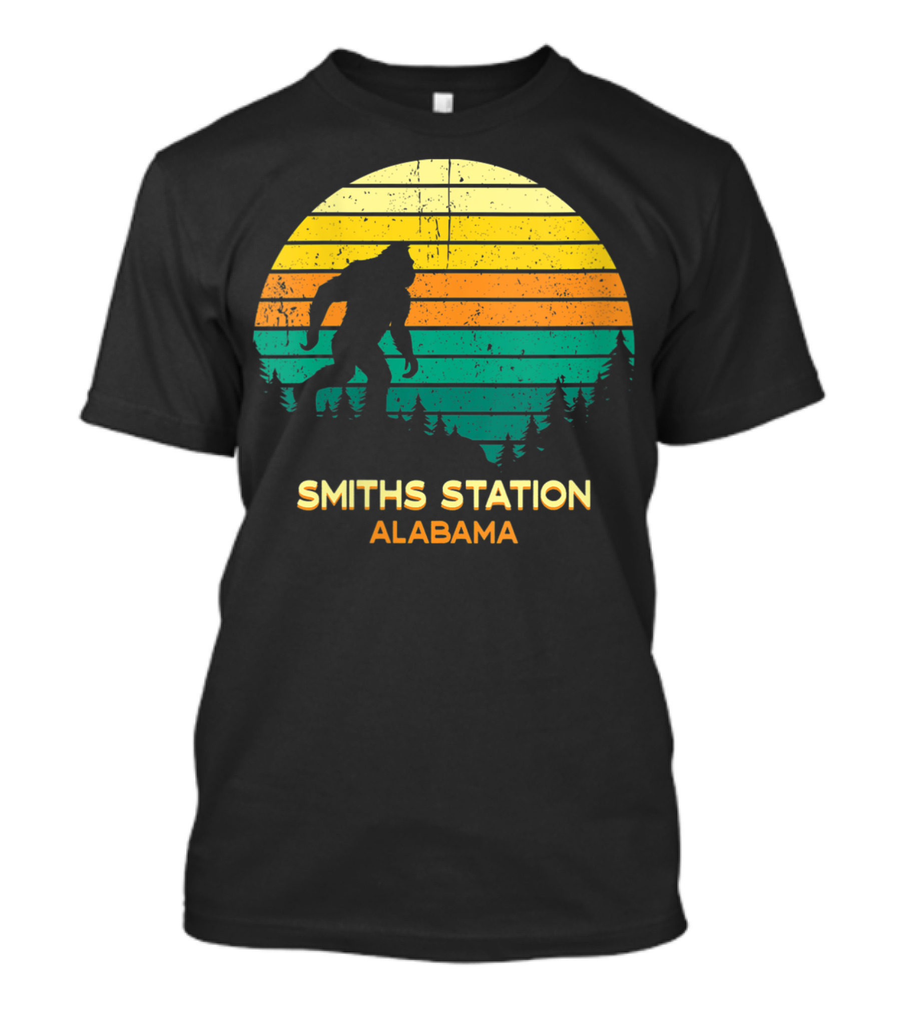 Smiths Station Alabama Retro Bigfoot Silhouette Vintage Sunset Forest T-Shirt