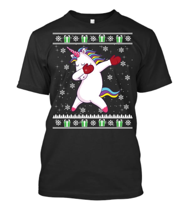 Unicorn Dabbing Christmas Presents Snowflakes Holiday Ugly T-Shirt