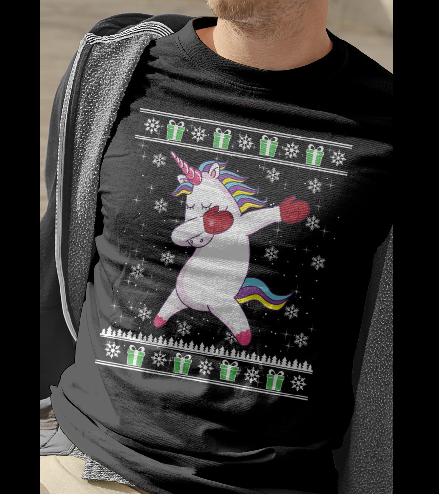 Unicorn Dabbing Christmas Presents Snowflakes Holiday Ugly T-Shirt