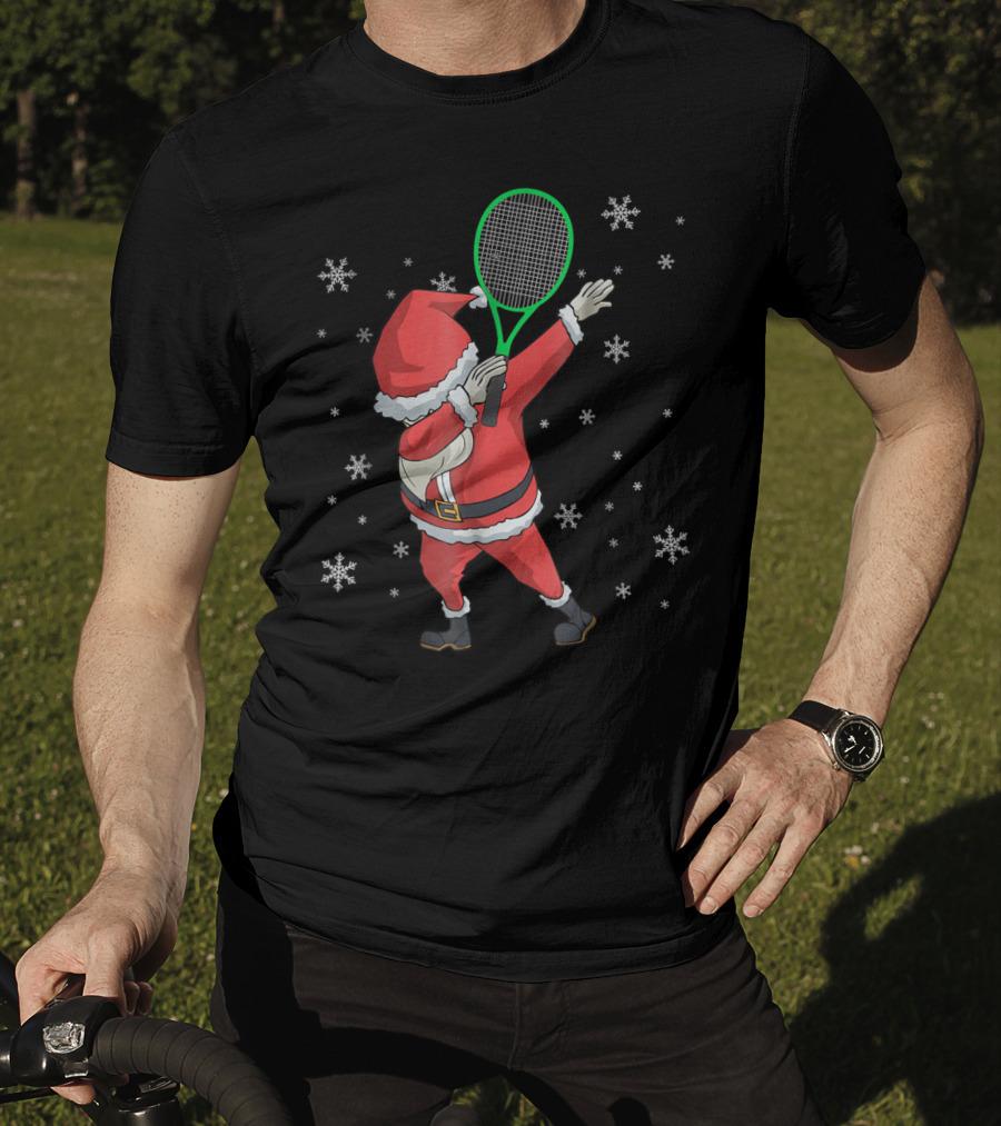 Dabbing Santa Claus With Tennis Racket And Snowflakes T-Shirt