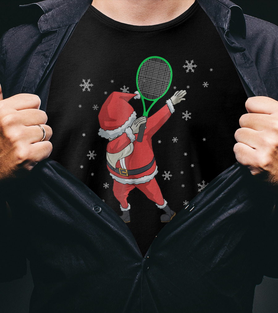 Dabbing Santa Claus With Tennis Racket And Snowflakes T-Shirt