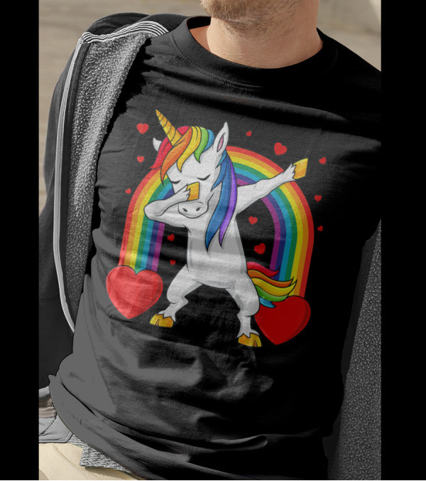 Dabbing Unicorn With Rainbow And Hearts T-Shirt