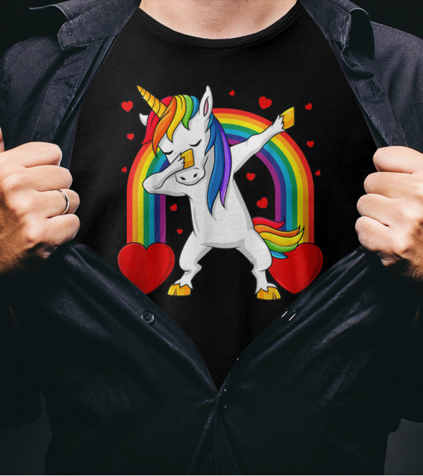 Dabbing Unicorn With Rainbow And Hearts T-Shirt