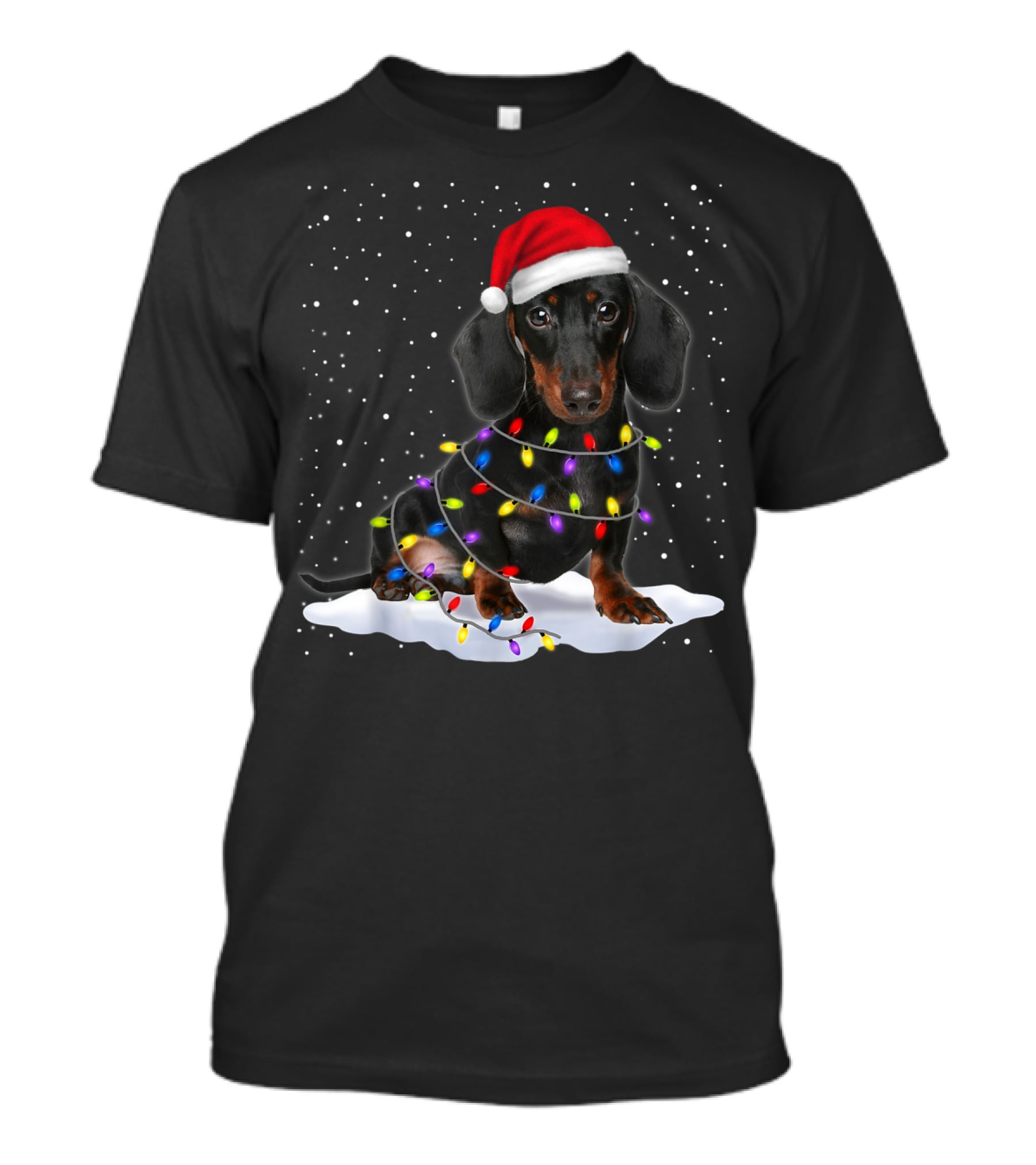 Dachshund Santa Hat Wrapped In Christmas Tree Lights In Snow With Falling Snowflakes T-Shirt