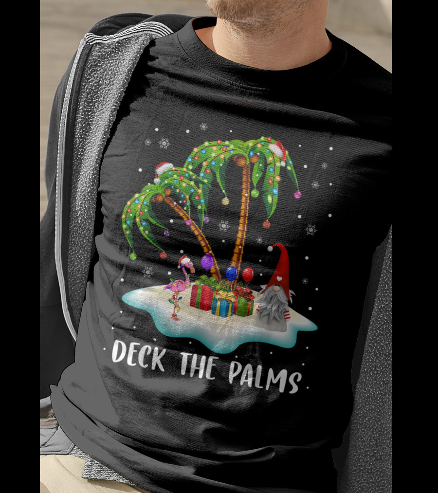 Deck The Palms Tropical Christmas Palm Tree With Santa Hat Flamingo And Gnome On Snowy Island T-Shirt