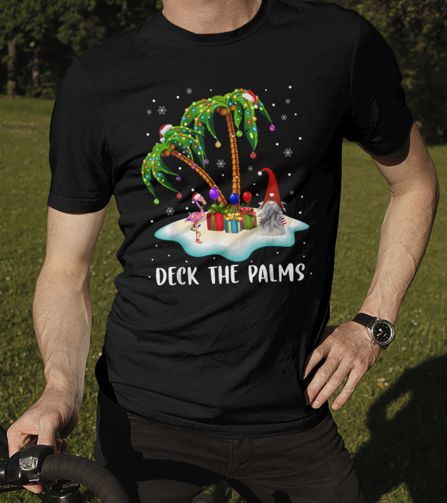 Deck The Palms Tropical Christmas Palm Tree With Santa Hat Flamingo And Gnome On Snowy Island T-Shirt