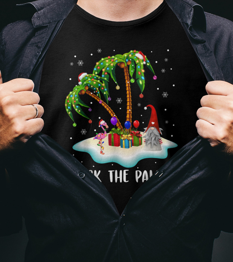 Deck The Palms Tropical Christmas Palm Tree With Santa Hat Flamingo And Gnome On Snowy Island T-Shirt
