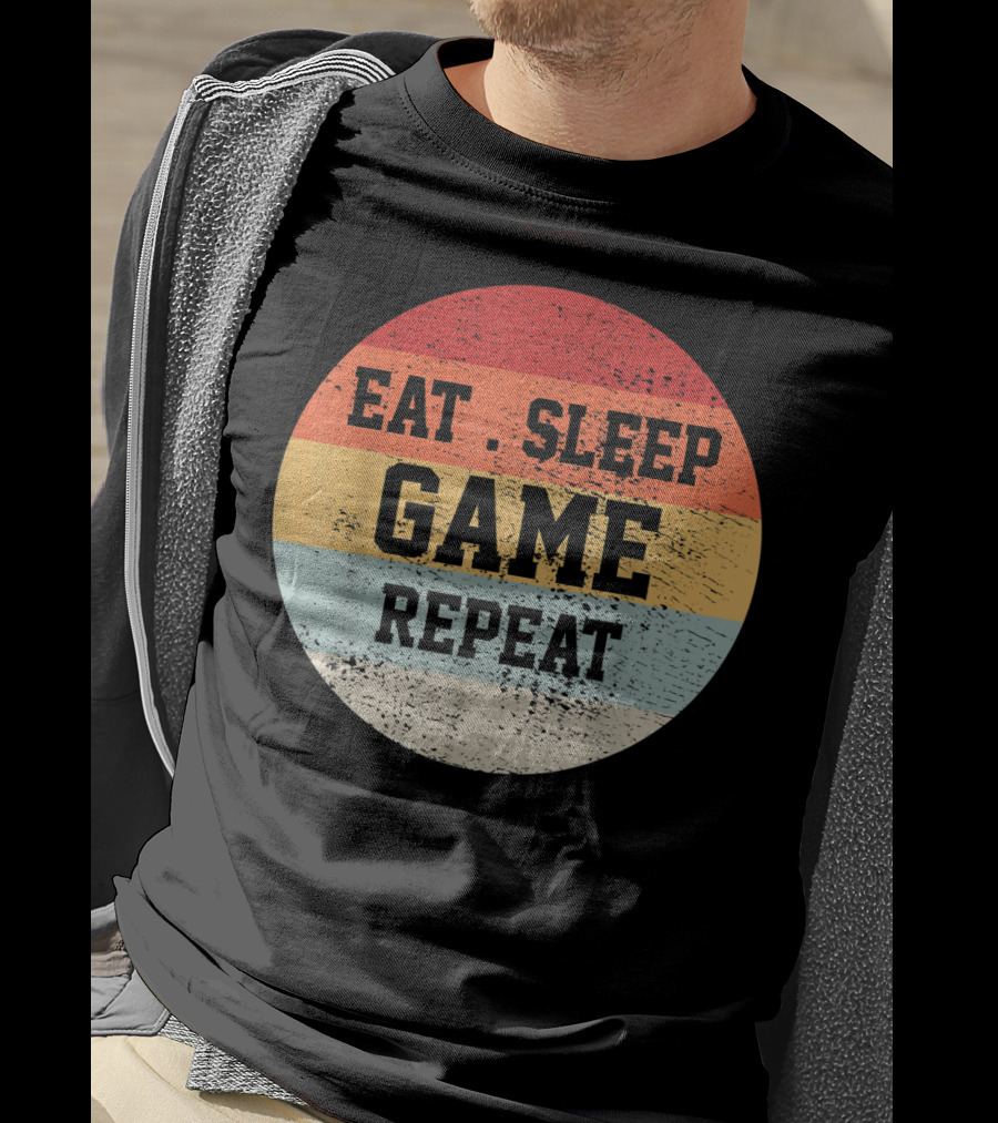 Eat Sleep Game Repeat Vintage Retro Stripes T-Shirt
