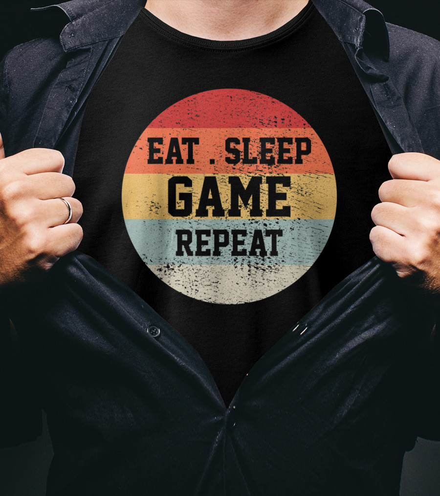 Eat Sleep Game Repeat Vintage Retro Stripes T-Shirt